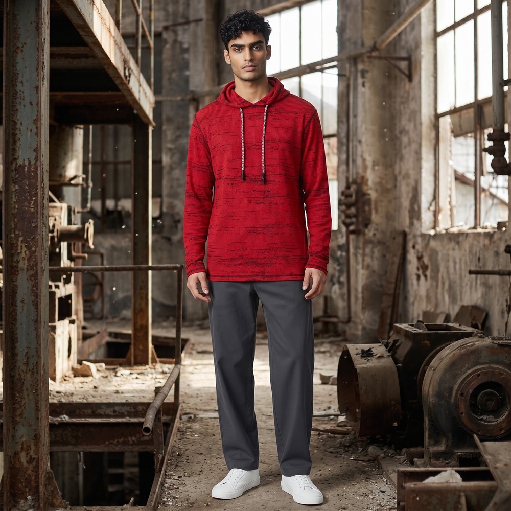 Modern Culture Mens Large Red Thermal Hoodie Waffle Knit Pullover Streetwear